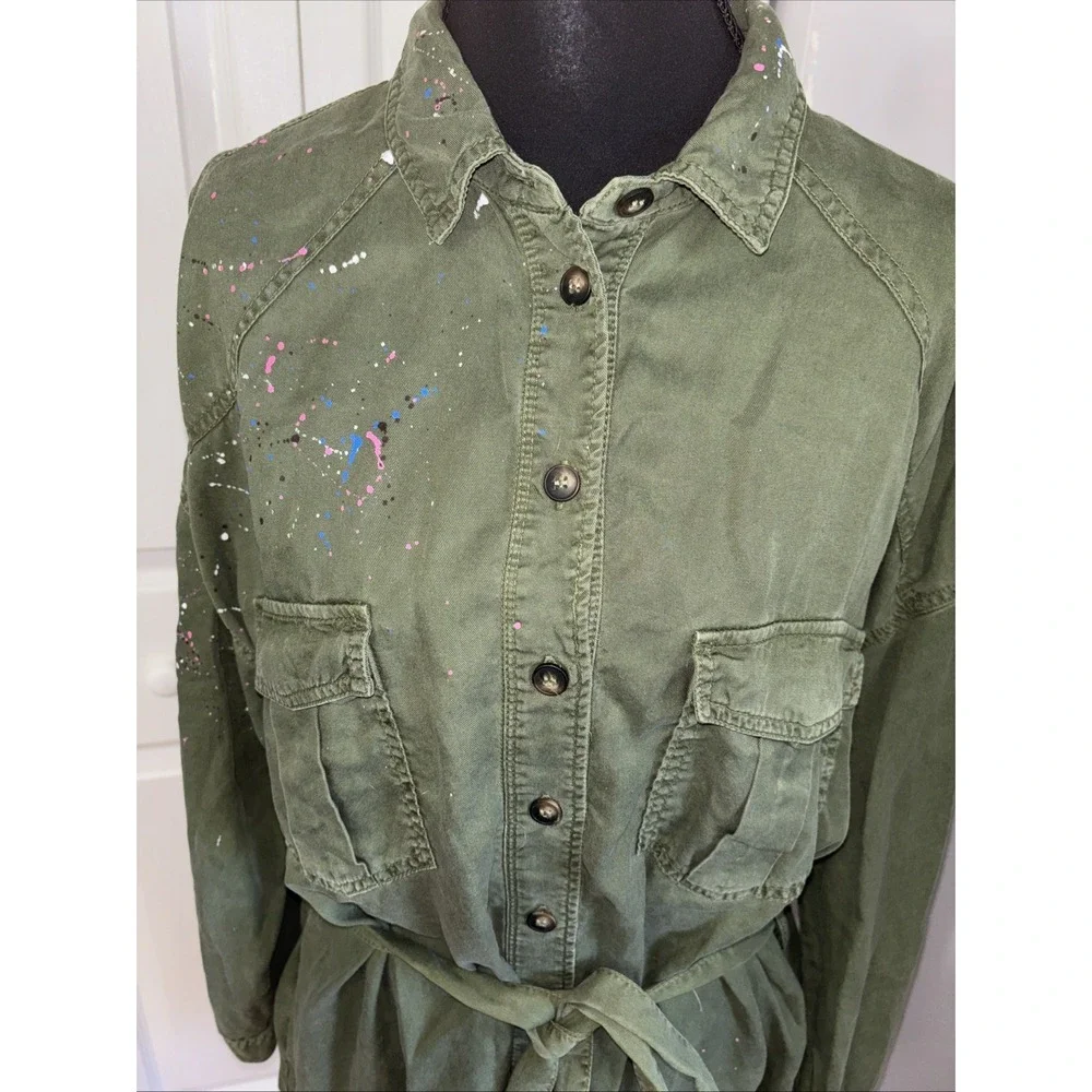 Zara Utility Jacket Dress Size L Green Paint Splatter Button Pockets Military - Picture 3 of 8